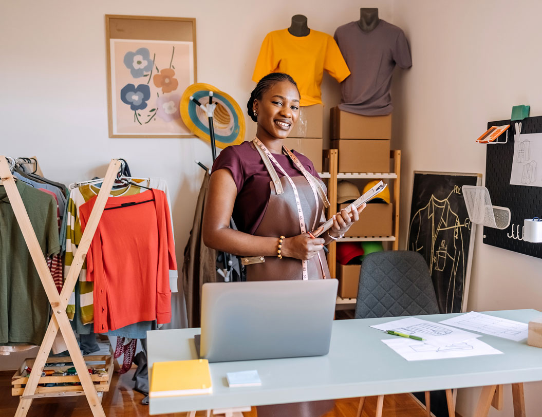 Woman starting a small business tailor shop