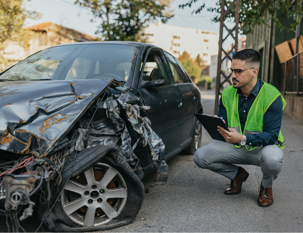 Insurance assessor looking at a car that has been in a front-end collision
