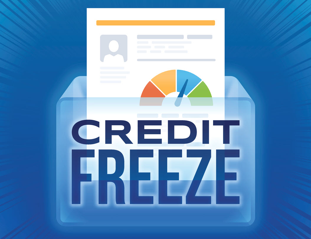 Drawn image of a credit report in a block of ice that says Credit Freeze