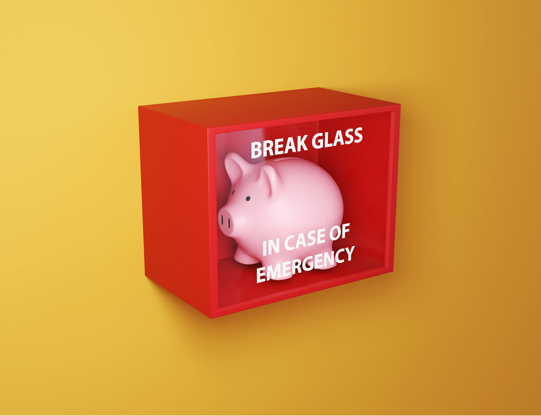 image of a piggy bank behind class that says In Case of Emergency