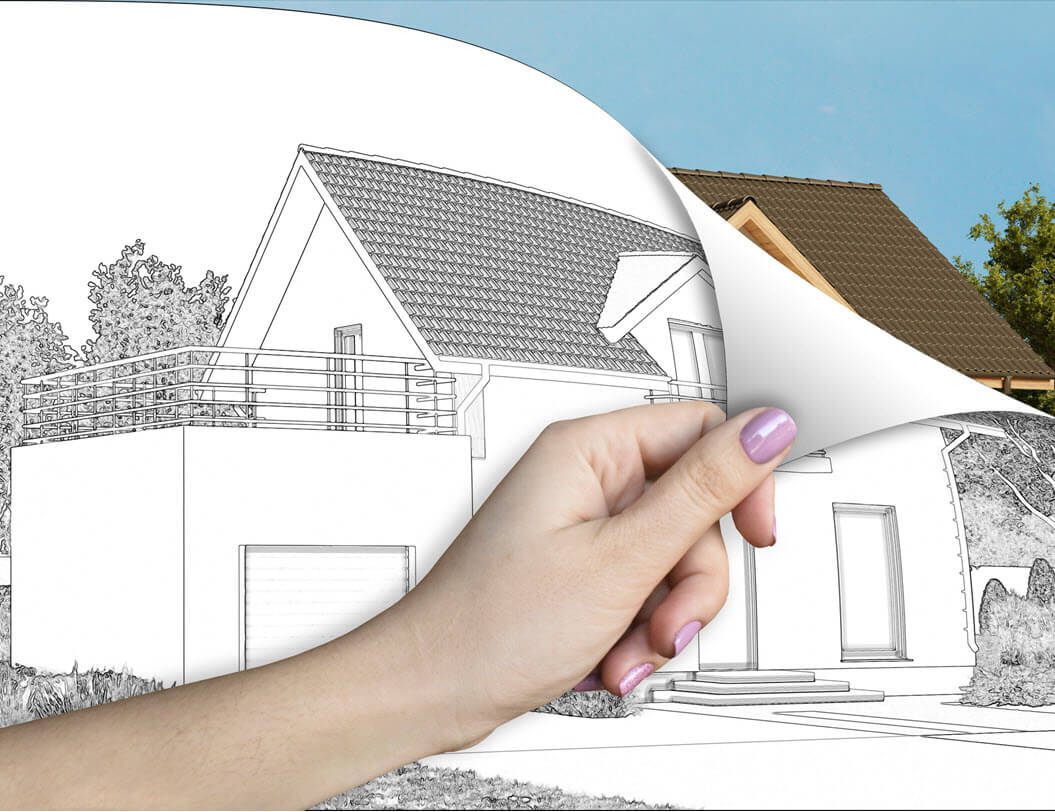 hand pulling line drawing image of house to reveal photo