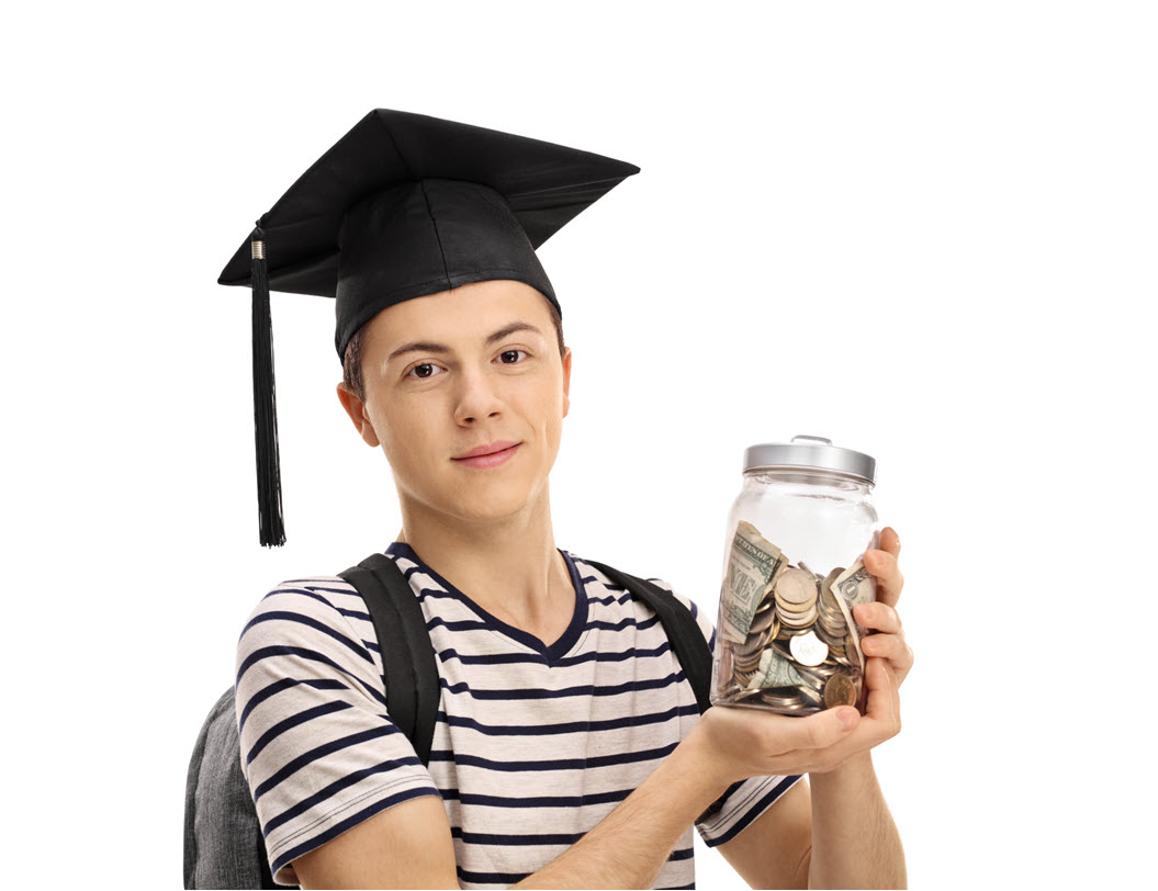 Young adult with a graduation cap holding a jar of money