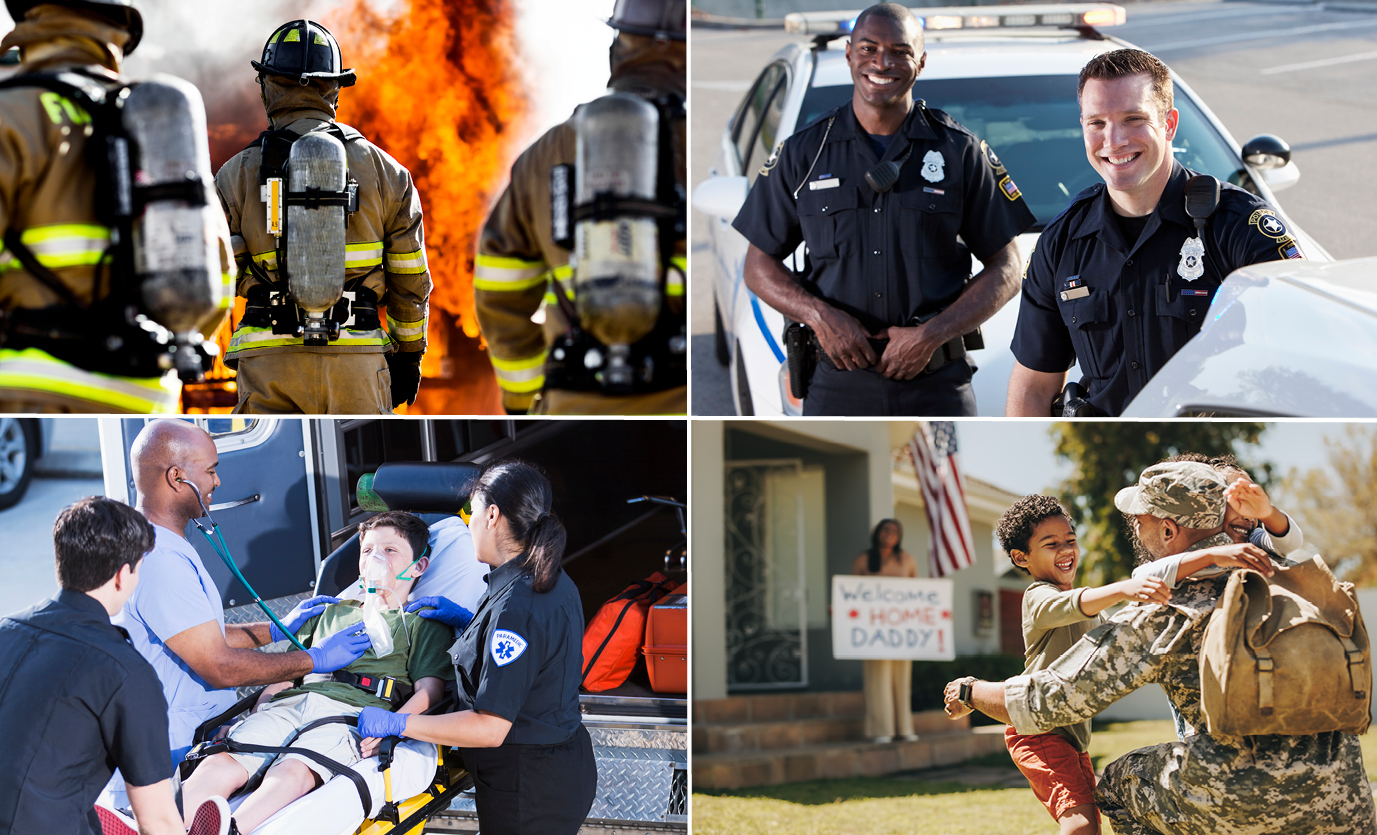 Collage of EMTs, firemen, and police officers