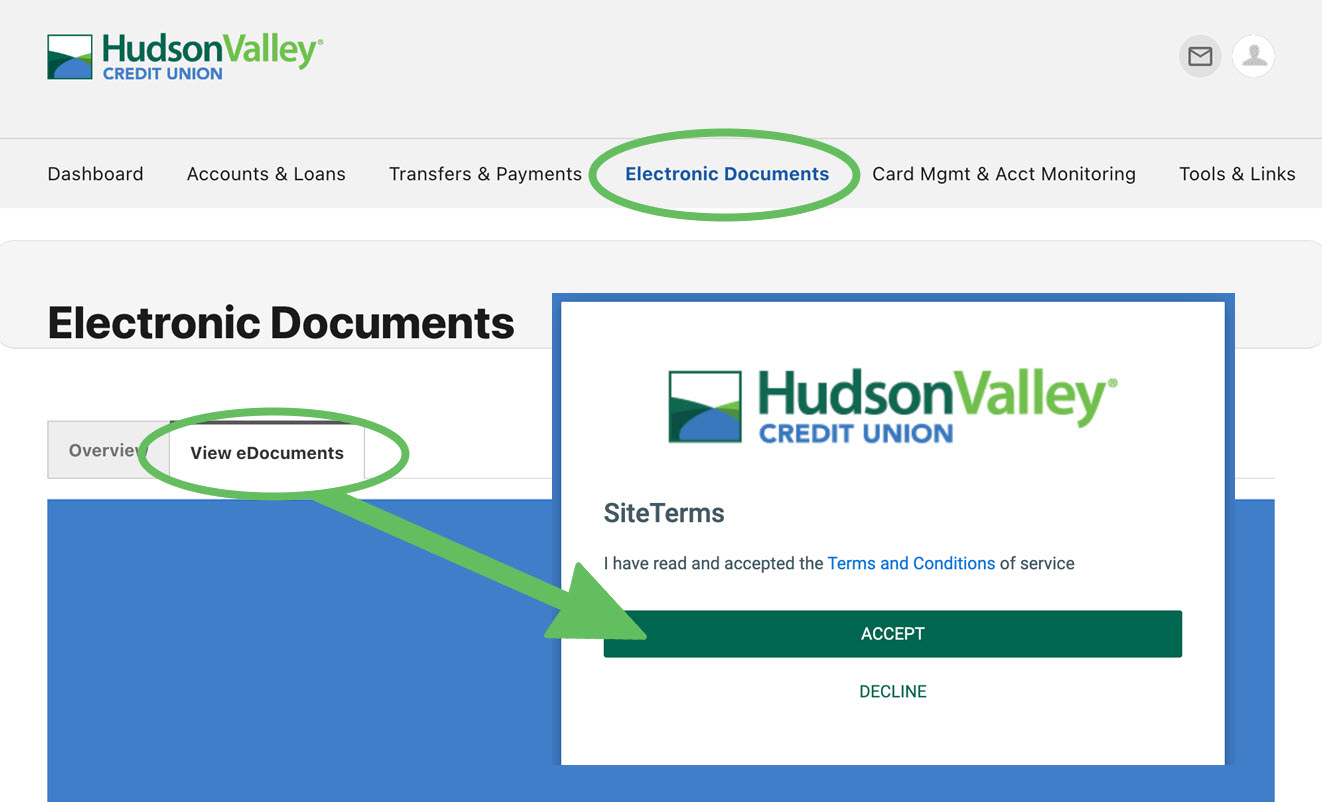 a screenshot showing where within Internet Banking to find eStatements