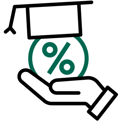 Icon of a hand hold a percentage symbol with a graduation cap