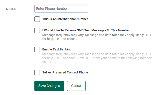 Screenshot of form to enable text banking